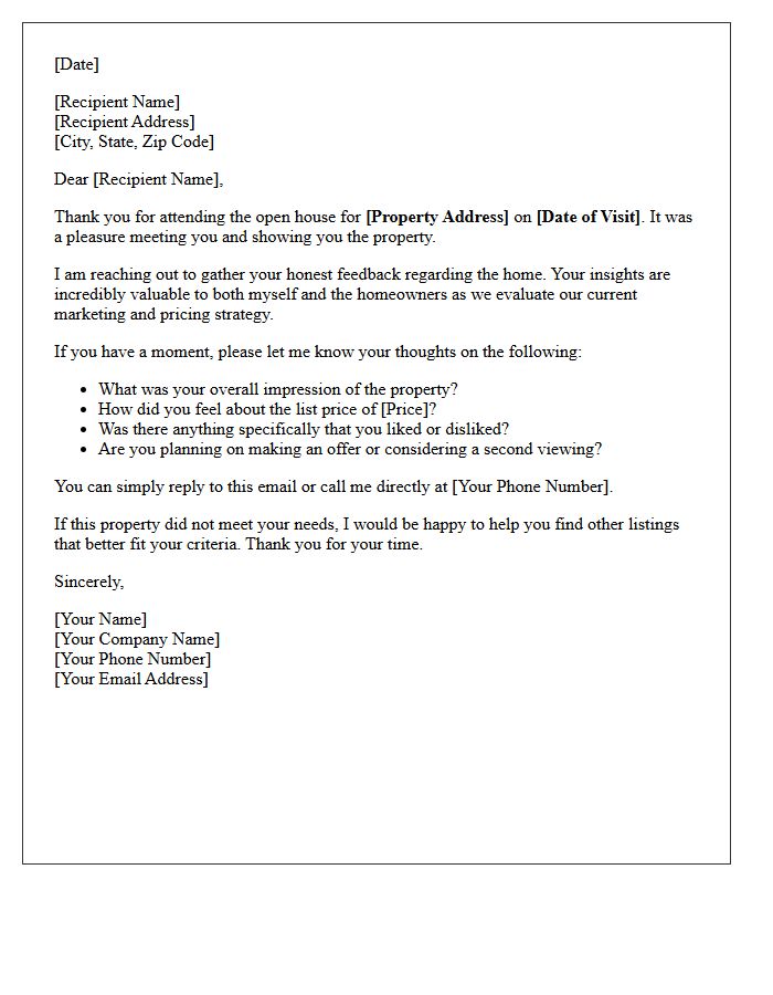 Open House Property Feedback Request Letter