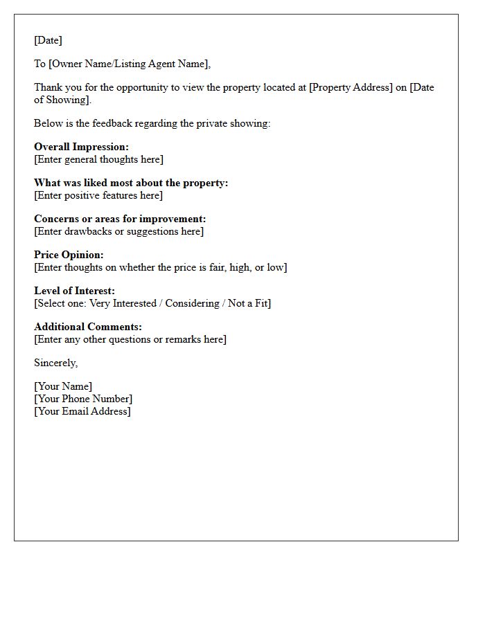 Private Showing Property Thoughts And Feedback Letter