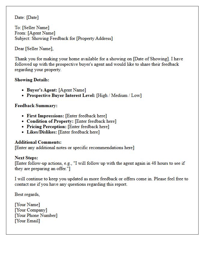 Exclusive Listing Showing Property Feedback Letter