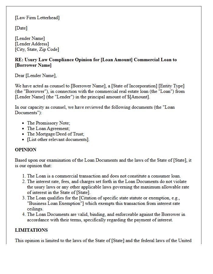 Commercial Real Estate Loan Usury Law Compliance Opinion Letter