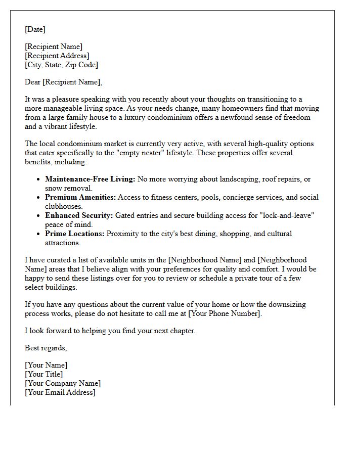 Empty Nester Follow-Up Letter Highlighting Local Condominium Markets