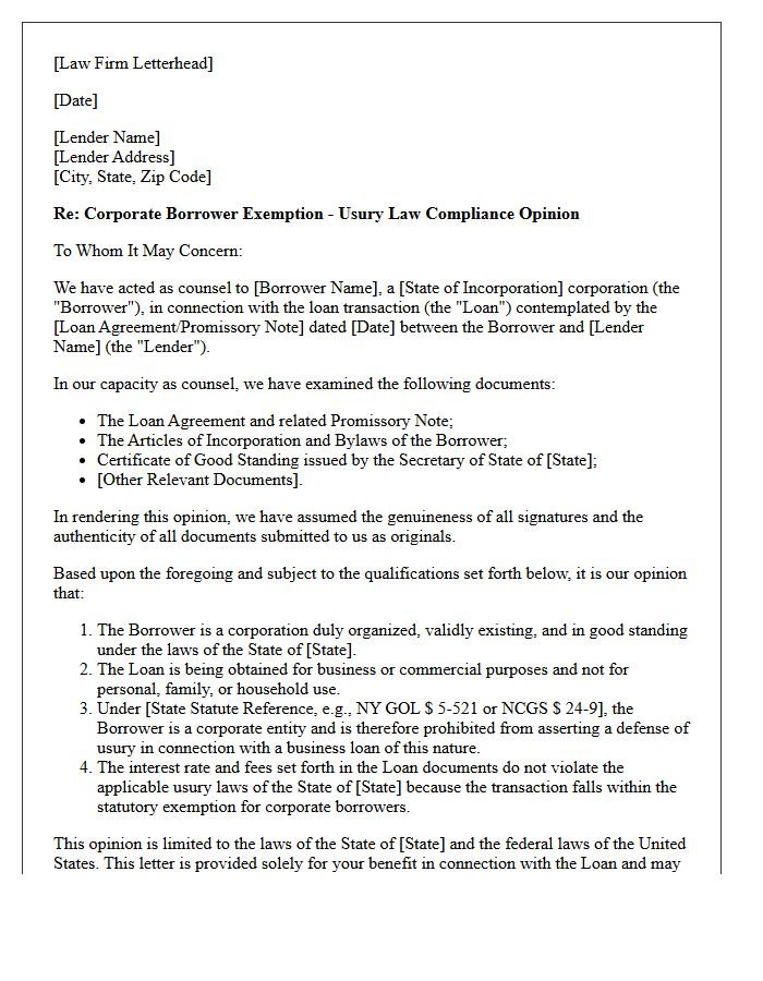 Corporate Borrower Exemption Usury Law Compliance Opinion Letter