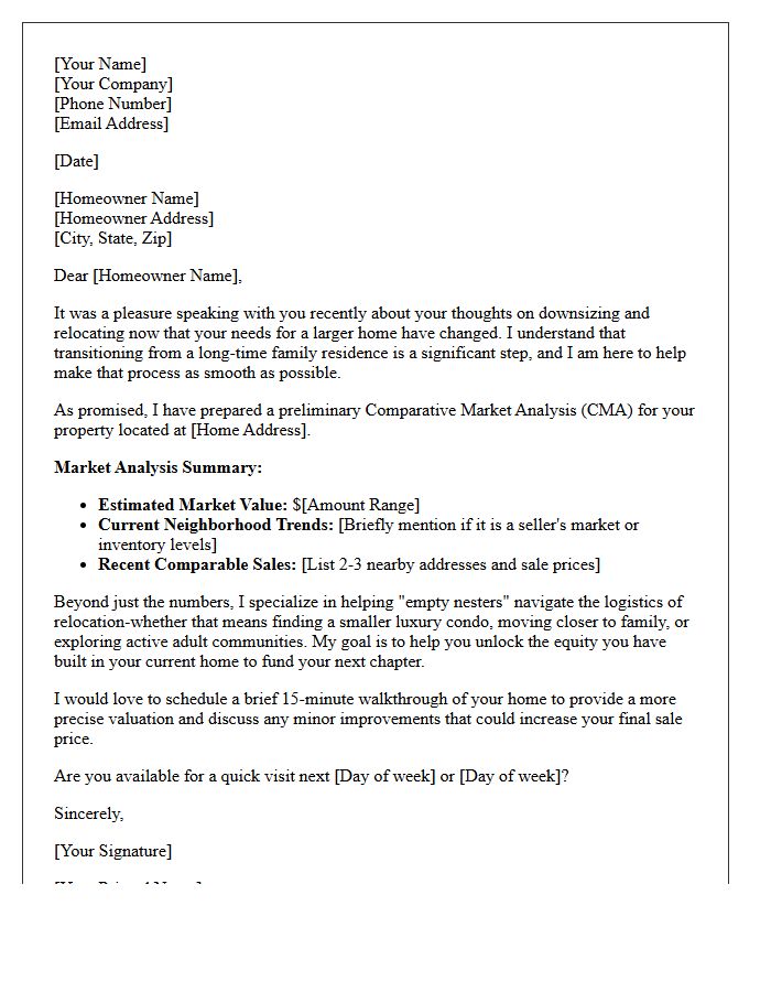 Empty Nester Relocation Follow-Up Letter And Market Analysis