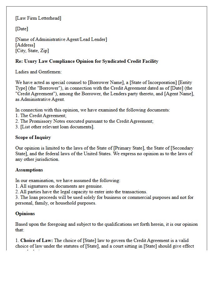 Multi-State Syndicated Loan Usury Law Compliance Opinion Letter