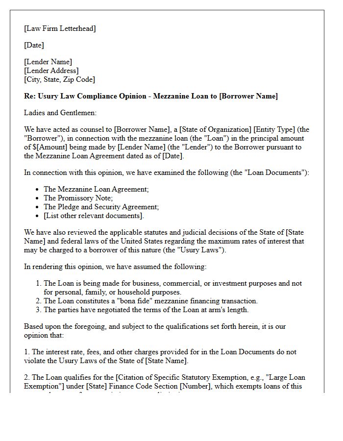 Mezzanine Financing Usury Law Compliance Opinion Letter