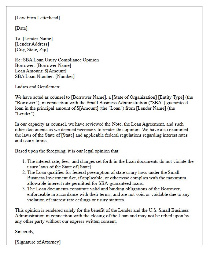 Small Business Administration Loan Usury Law Compliance Opinion Letter