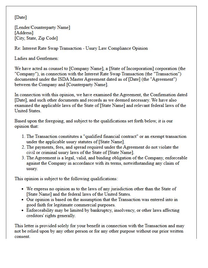 Interest Rate Swap Transaction Usury Law Compliance Opinion Letter