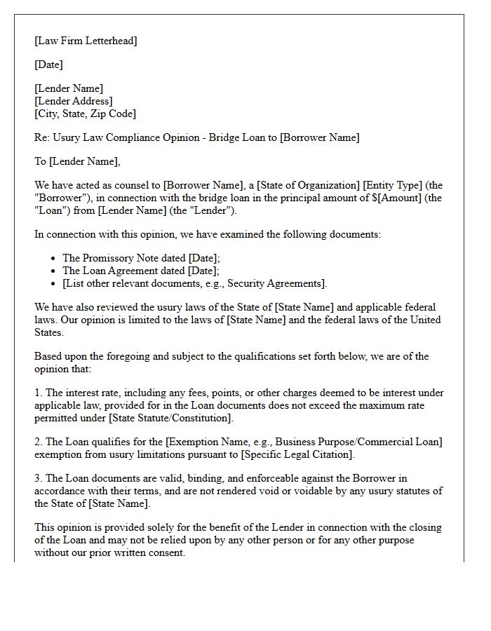 Bridge Loan Financing Usury Law Compliance Opinion Letter