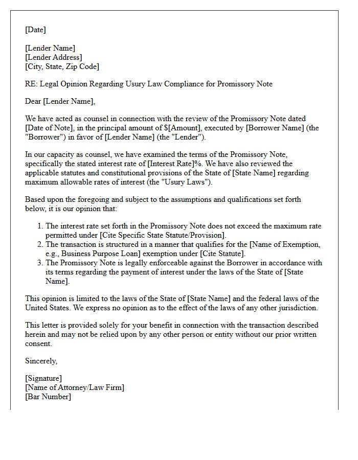 Promissory Note Maximum Rate Usury Law Compliance Opinion Letter