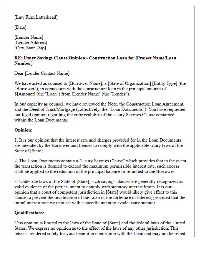 Construction Loan Usury Savings Clause Opinion Letter
