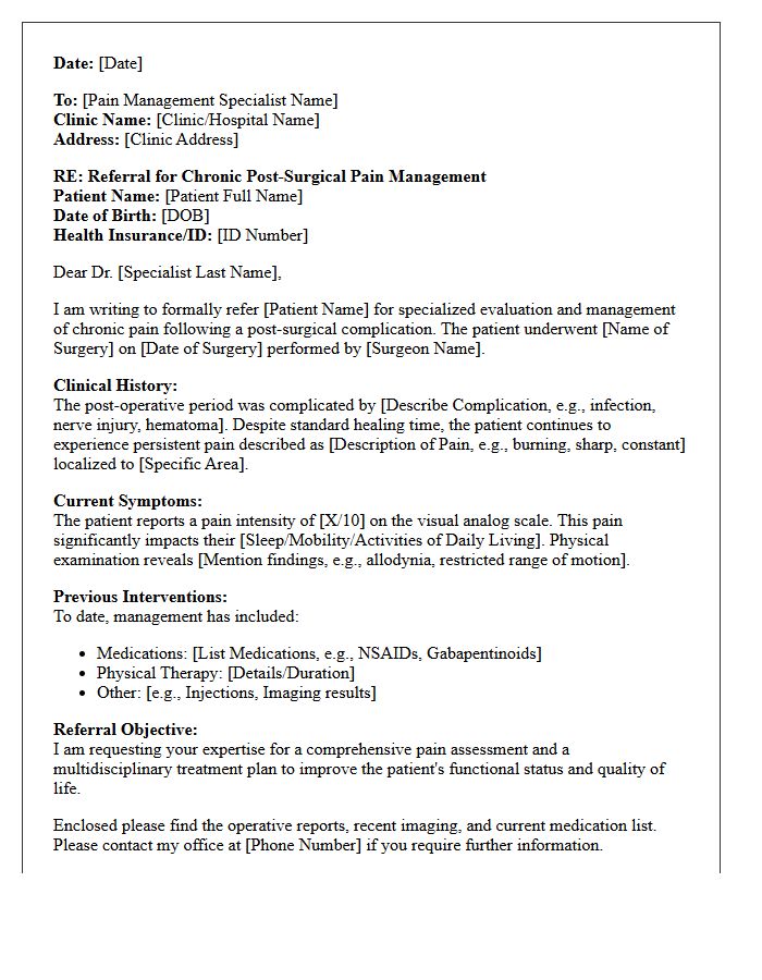 Post-Surgical Complication Chronic Pain Management Clinic Referral Letter