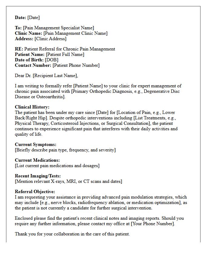 Orthopedic Specialist Chronic Pain Management Clinic Referral Letter