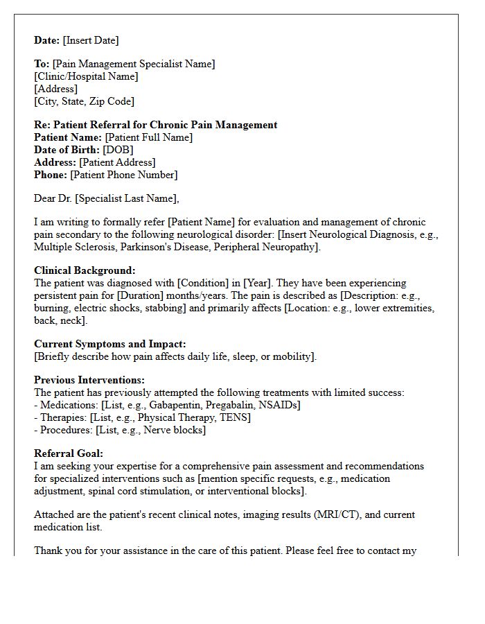 Neurological Disorder Chronic Pain Management Clinic Referral Letter