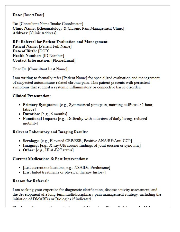 Rheumatology Autoimmune Chronic Pain Management Clinic Referral Letter
