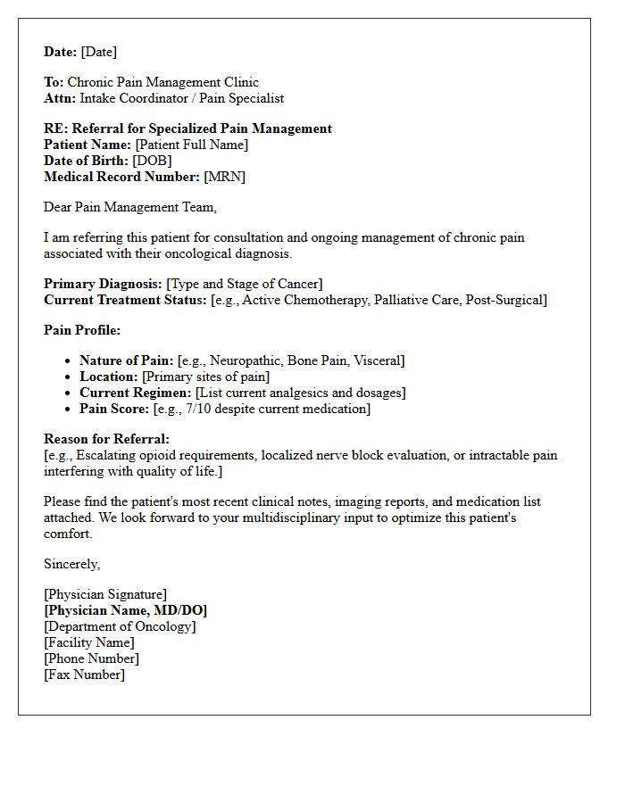 Oncology Department Chronic Pain Management Clinic Referral Letter