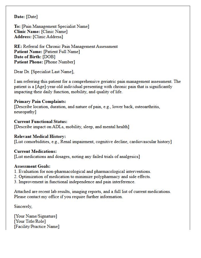 Geriatric Care Assessment Chronic Pain Management Clinic Referral Letter