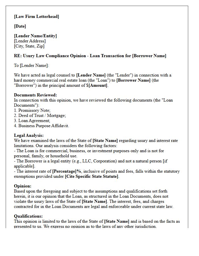 Hard Money Lending Usury Law Compliance Opinion Letter