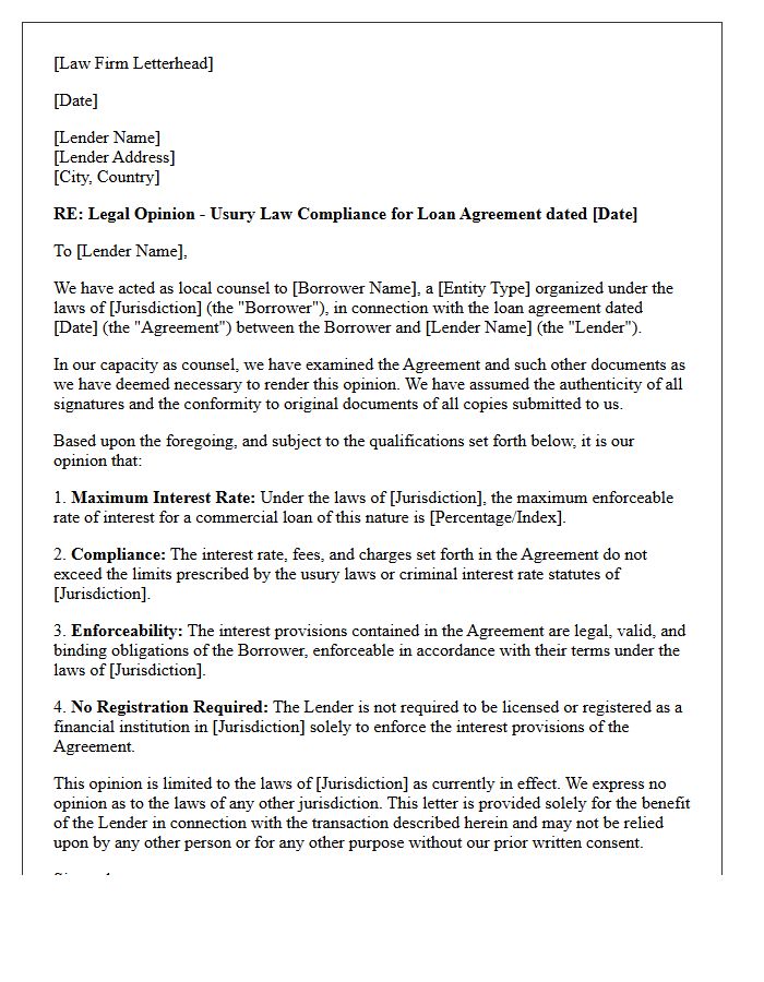 Foreign Lender Jurisdiction Usury Law Compliance Opinion Letter