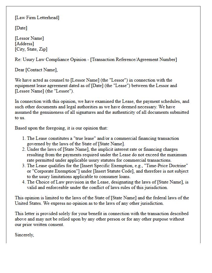 Equipment Leasing Finance Usury Law Compliance Opinion Letter