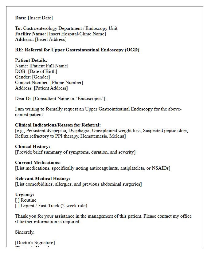 Upper Gastrointestinal Endoscopy Request Referral Letter