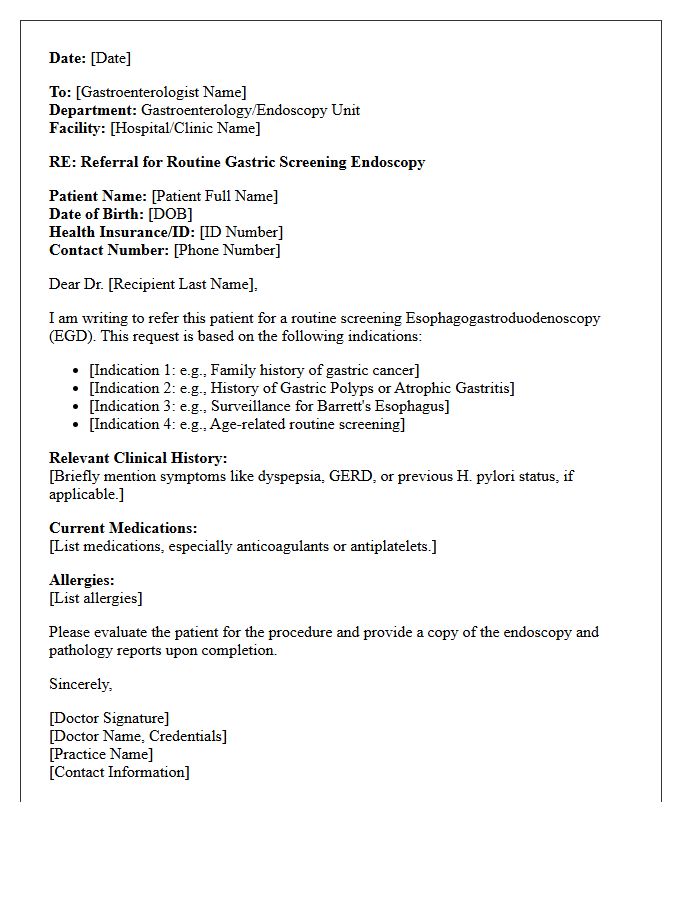 Routine Gastric Screening Endoscopy Request Referral Letter