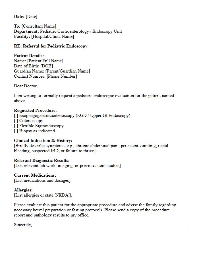 Pediatric Gastroenterology Endoscopy Request Referral Letter