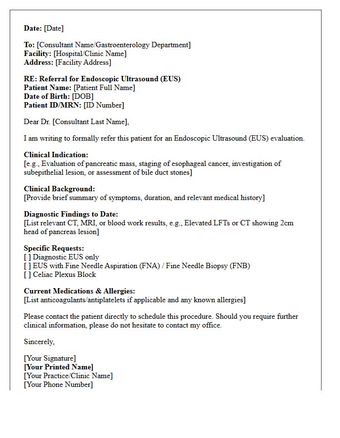 Endoscopic Ultrasound Procedure Request Referral Letter