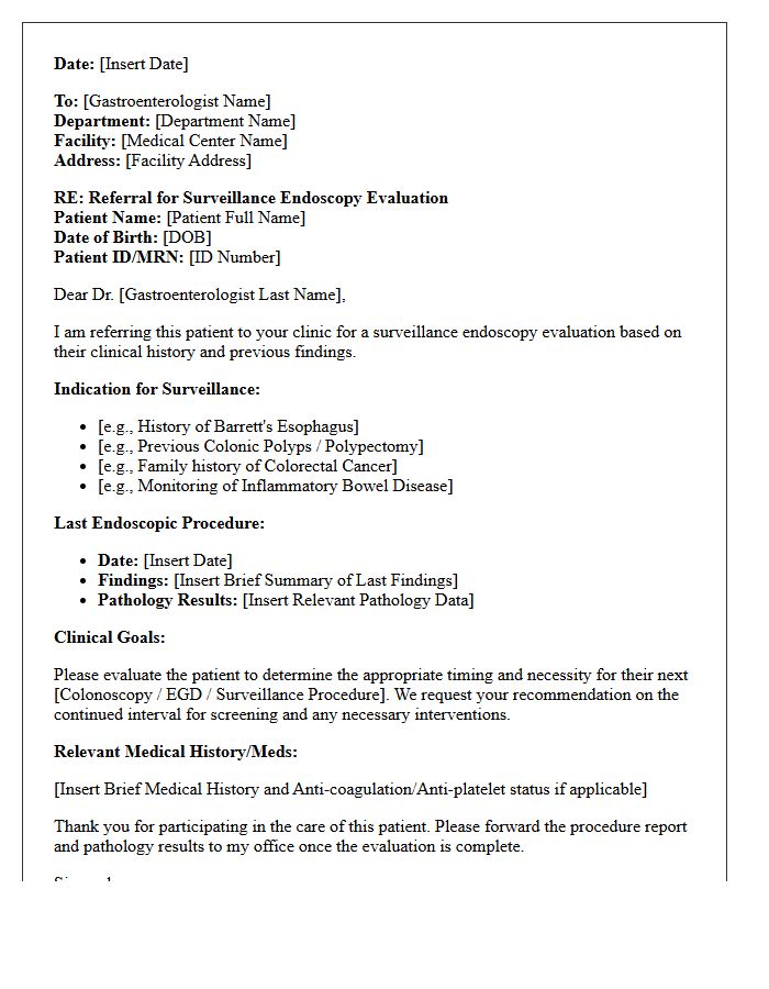 Surveillance Endoscopy Evaluation Request Referral Letter