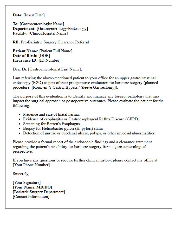 Pre-Bariatric Surgery Endoscopy Clearance Referral Letter