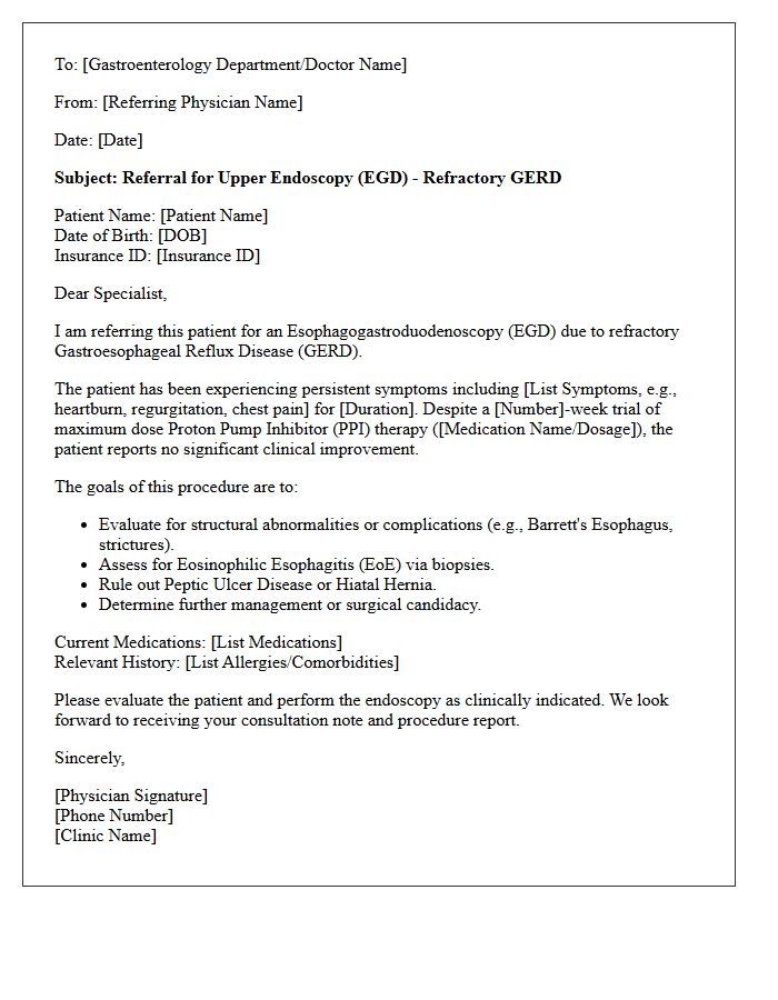 Refractory Gastroesophageal Reflux Endoscopy Request Letter