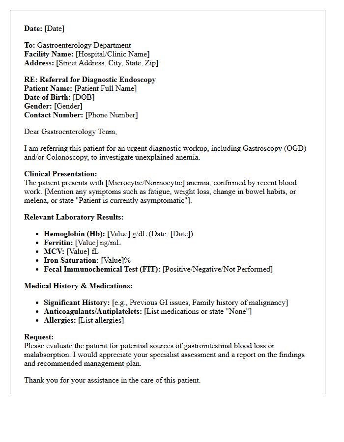 Unexplained Anemia Diagnostic Endoscopy Referral Letter