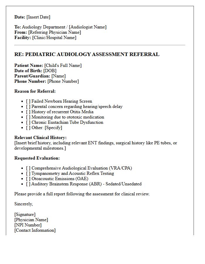 Pediatric Otolaryngology Audiology Assessment Referral Letter