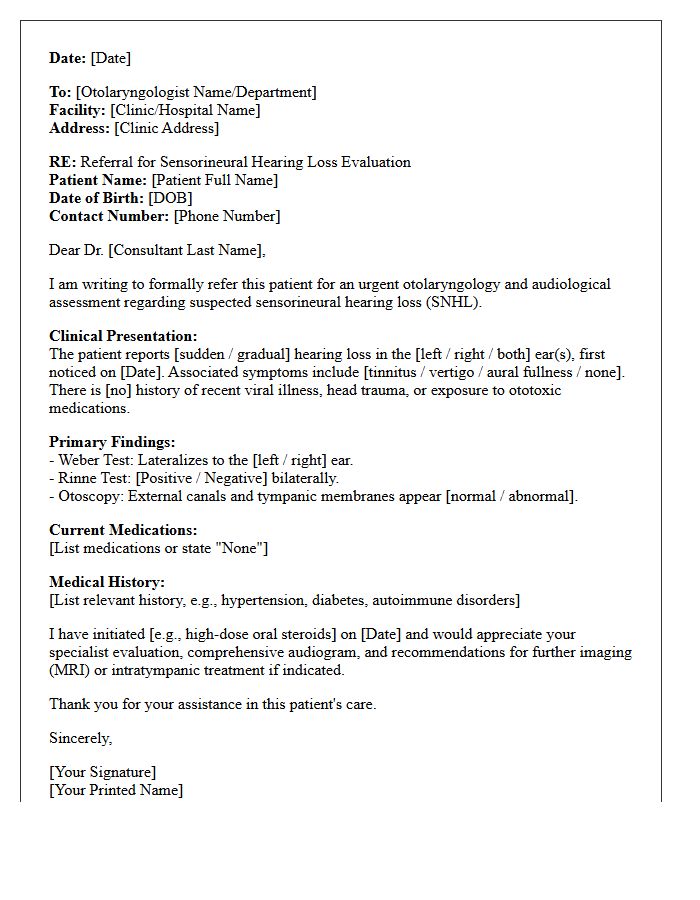 Sensorineural Hearing Loss Otolaryngology Audiology Referral Letter