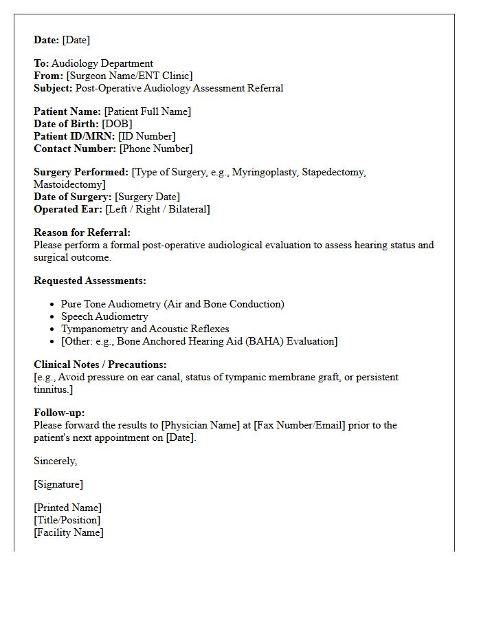 Post-Operative Otolaryngology Audiology Assessment Referral Letter