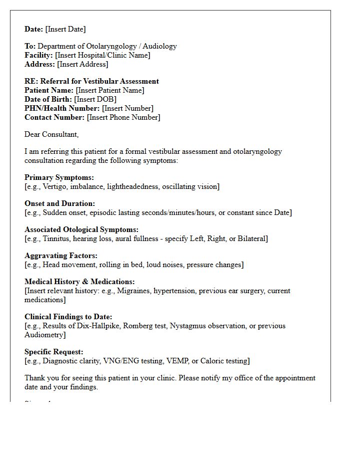 Vestibular Assessment Otolaryngology Audiology Referral Letter