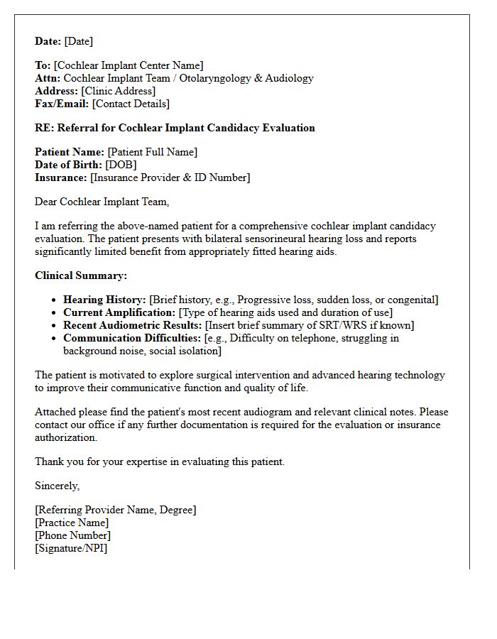 Cochlear Implant Candidacy Otolaryngology Audiology Referral Letter