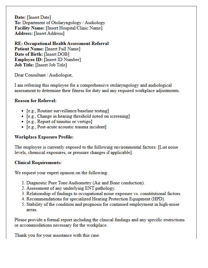 Occupational Health Otolaryngology Audiology Assessment Referral Letter