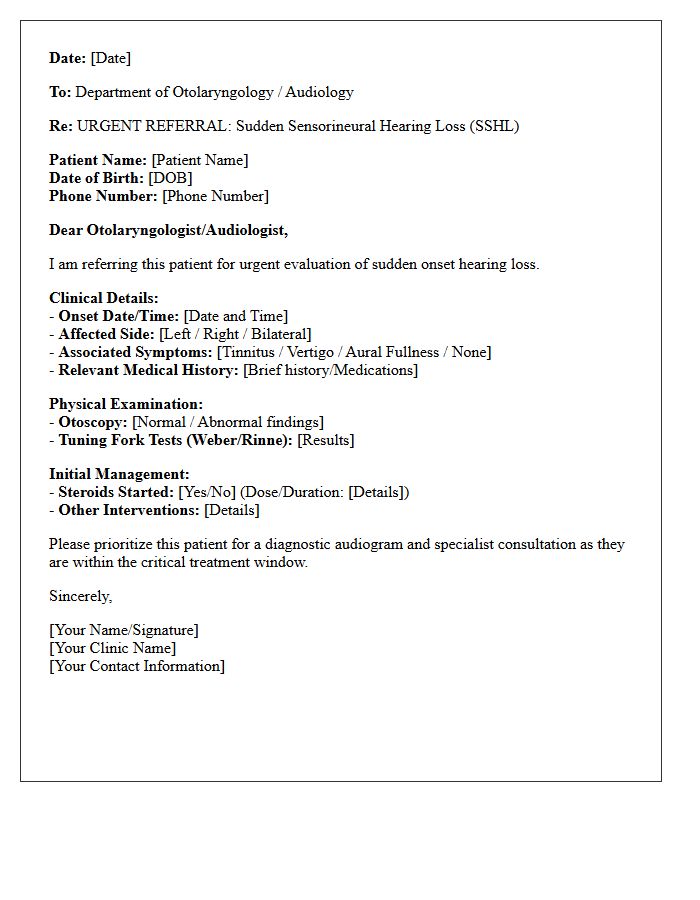Sudden Onset Hearing Loss Otolaryngology Audiology Referral Letter
