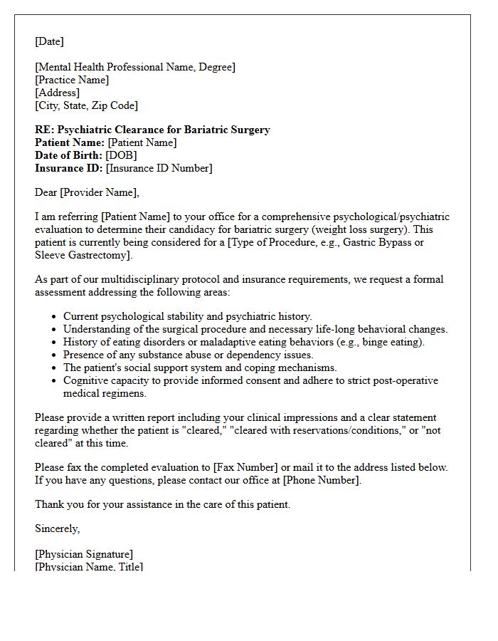 Psychiatric Clearance Bariatric Surgery Candidacy Evaluation Referral Letter