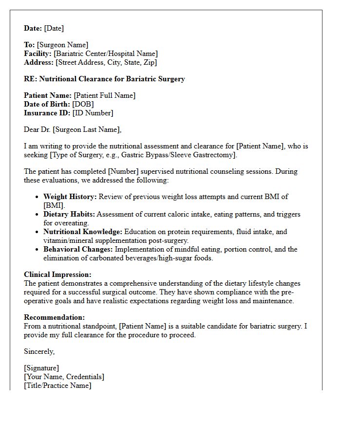 Nutritional Assessment Bariatric Surgery Candidacy Evaluation Referral Letter