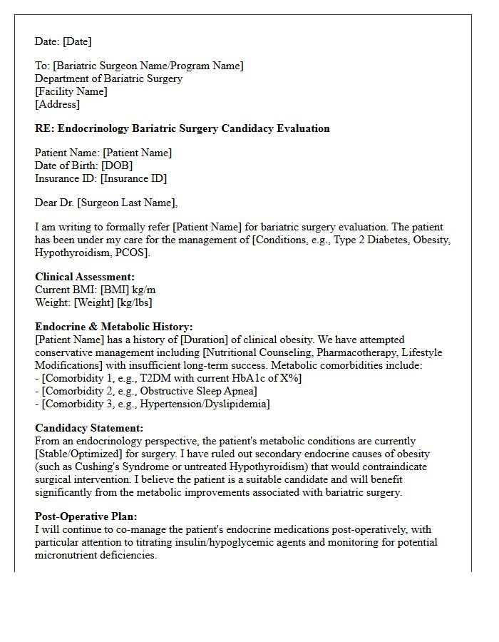 Endocrinology Bariatric Surgery Candidacy Evaluation Referral Letter