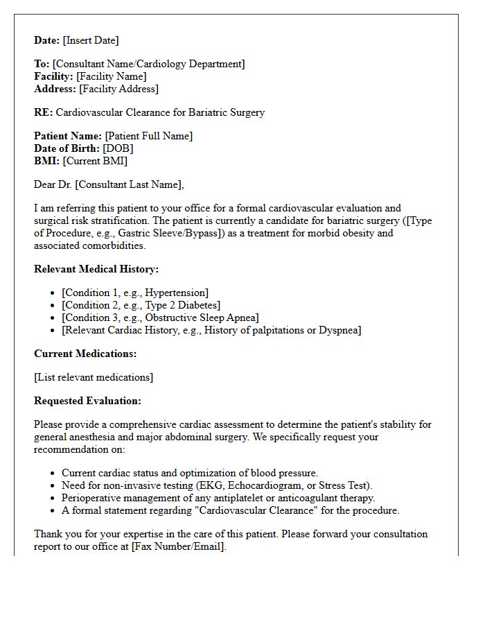 Cardiovascular Clearance Bariatric Surgery Candidacy Evaluation Referral Letter