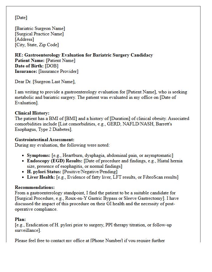 Gastroenterology Bariatric Surgery Candidacy Evaluation Referral Letter