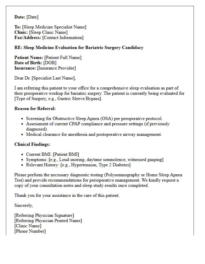 Sleep Medicine Bariatric Surgery Candidacy Evaluation Referral Letter