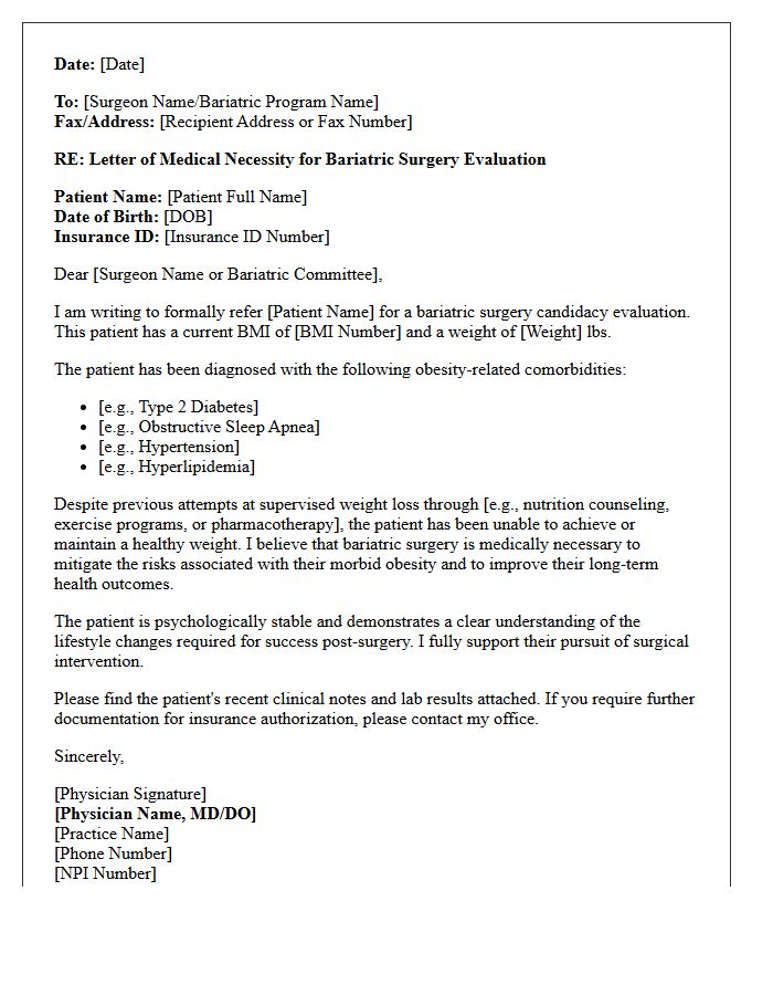Medical Necessity Bariatric Surgery Candidacy Evaluation Referral Letter