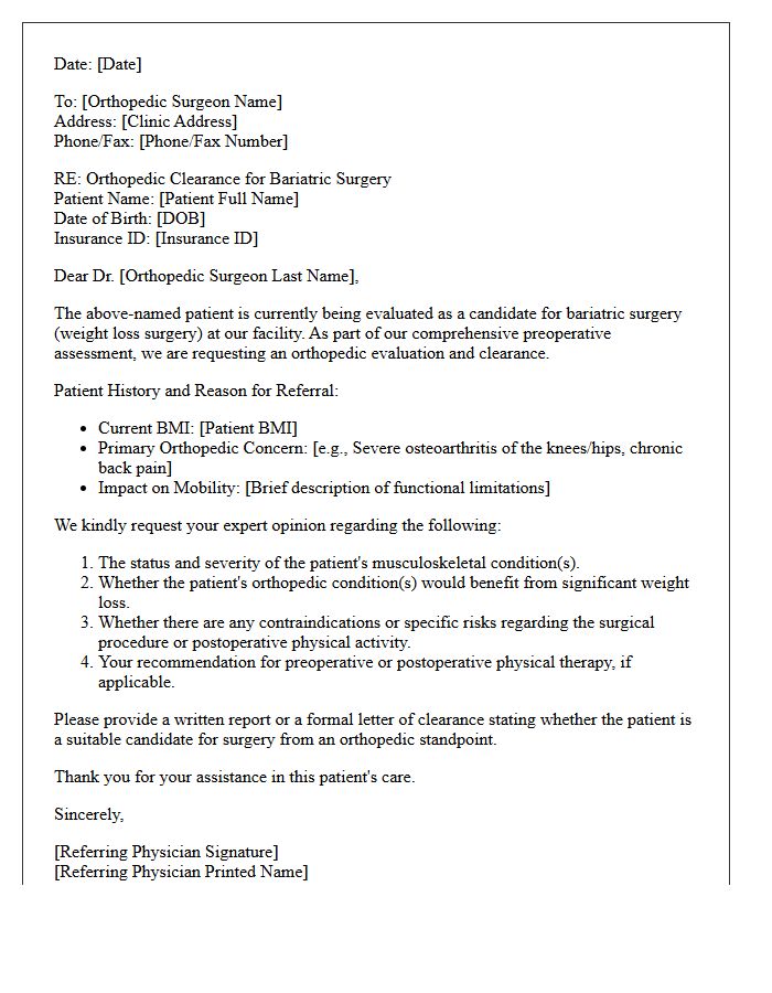 Orthopedic Clearance Bariatric Surgery Candidacy Evaluation Referral Letter