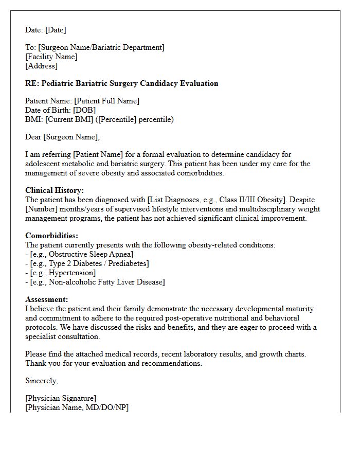 Pediatric Bariatric Surgery Candidacy Evaluation Referral Letter
