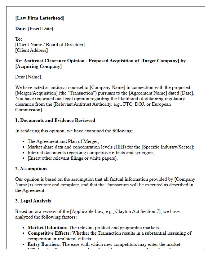 Merger and Acquisition Antitrust Clearance Opinion Letter