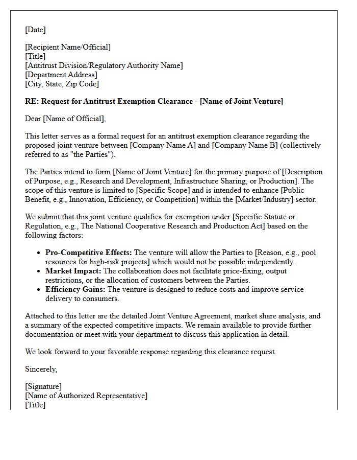 Joint Venture Antitrust Exemption Clearance Letter