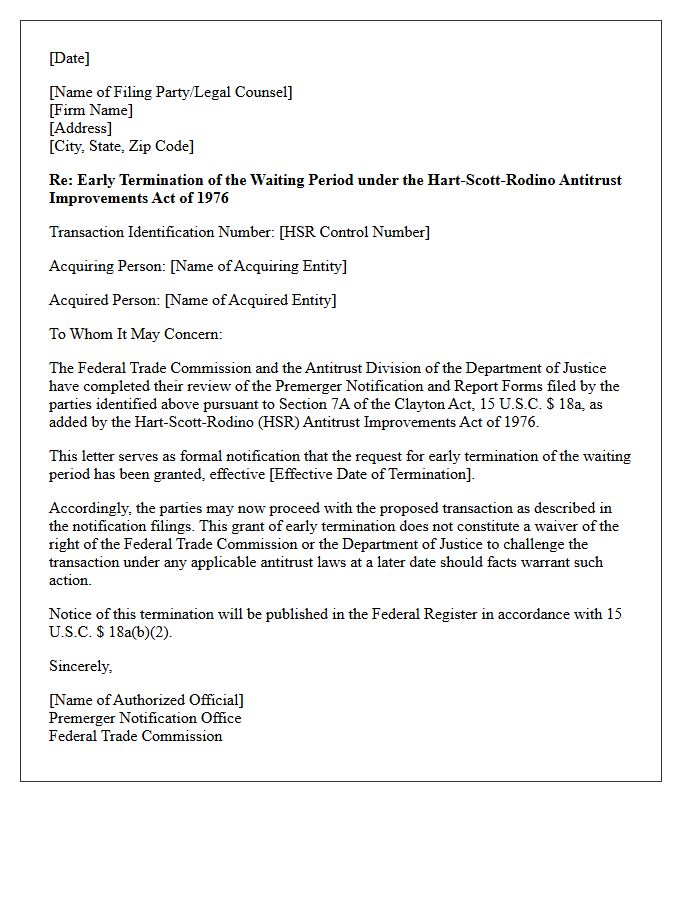 Hart-Scott-Rodino Premerger Notification Clearance Letter
